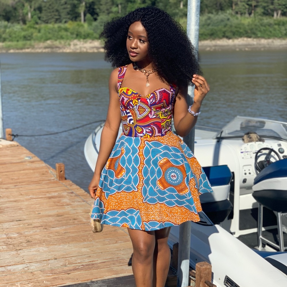 An Ankara dress with colourful pattern